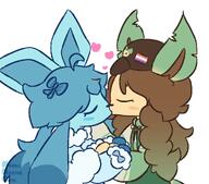 affection ahoge amount:multiple amount:pair animal-ears black-headwear blue-hair blush-stickers body-type:anthro bow braid brown-hair closed-eyes facing-another fur-trim hair-bow hat heart holding-hands kiss kissing long-hair long-sleeves pressing-same-body-part-against-each-other series:eeveelutions series:pokemon simple-background species:glaceon species:leafeon unknown_artist white-background // 1280x1128 // 2.1MB