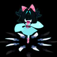amount:solo black-background black-hair body-type:humanoid bow character:aqua chibi colored-skin fang female full-body hair-bow hair-intakes hair-over-eyes happy japanese-clothes kimono knife obi open-mouth pink-bow sash simple-background skin-fang two-side-up unmoving-pattern wide-sleeves // 2048x2048 // 257KB