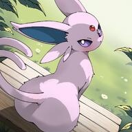 amount:solo artist:noye bench blush body-type:feral bright-pupils character:leaf character:nintendo character:pokemon day flower forehead-gem forehead-jewel forked-tail from-behind grass looking-at-viewer looking-back outdoors purple-eyes series:eeveelutions series:pokemon sitting species:espeon tail white-flower white-pupils // 1378x1378 // 195KB